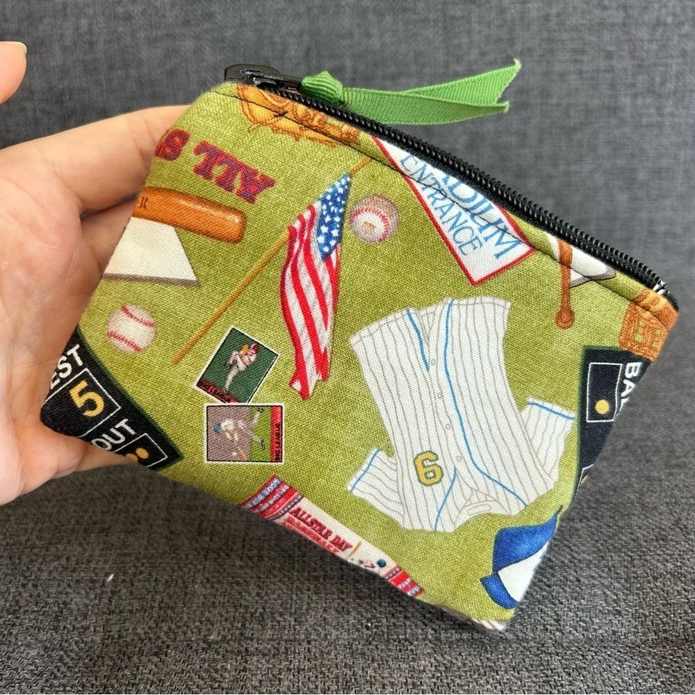 Baseball Themed Small Wallet / Coin / Travel Zipper Pouch, Green, Black